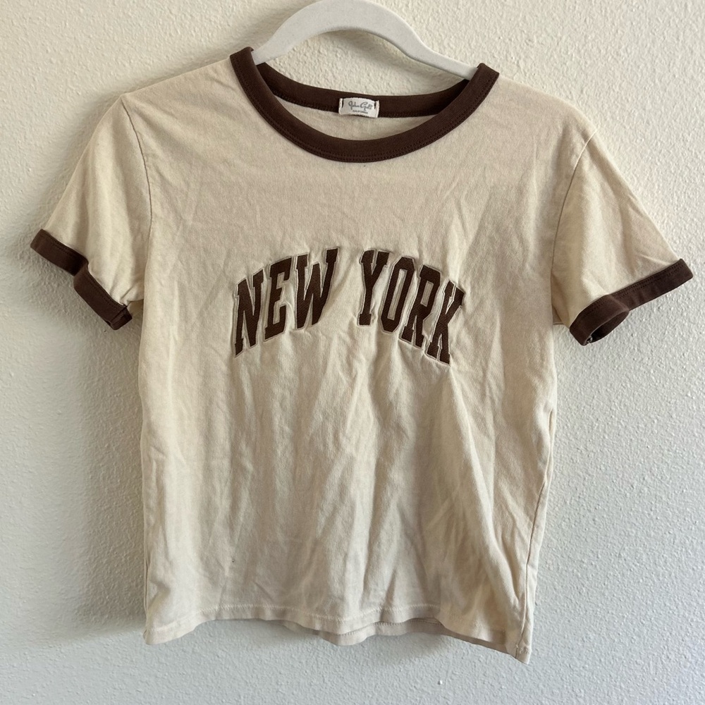 Brandy Melville Cream and Brown "New York" Ringer Tee